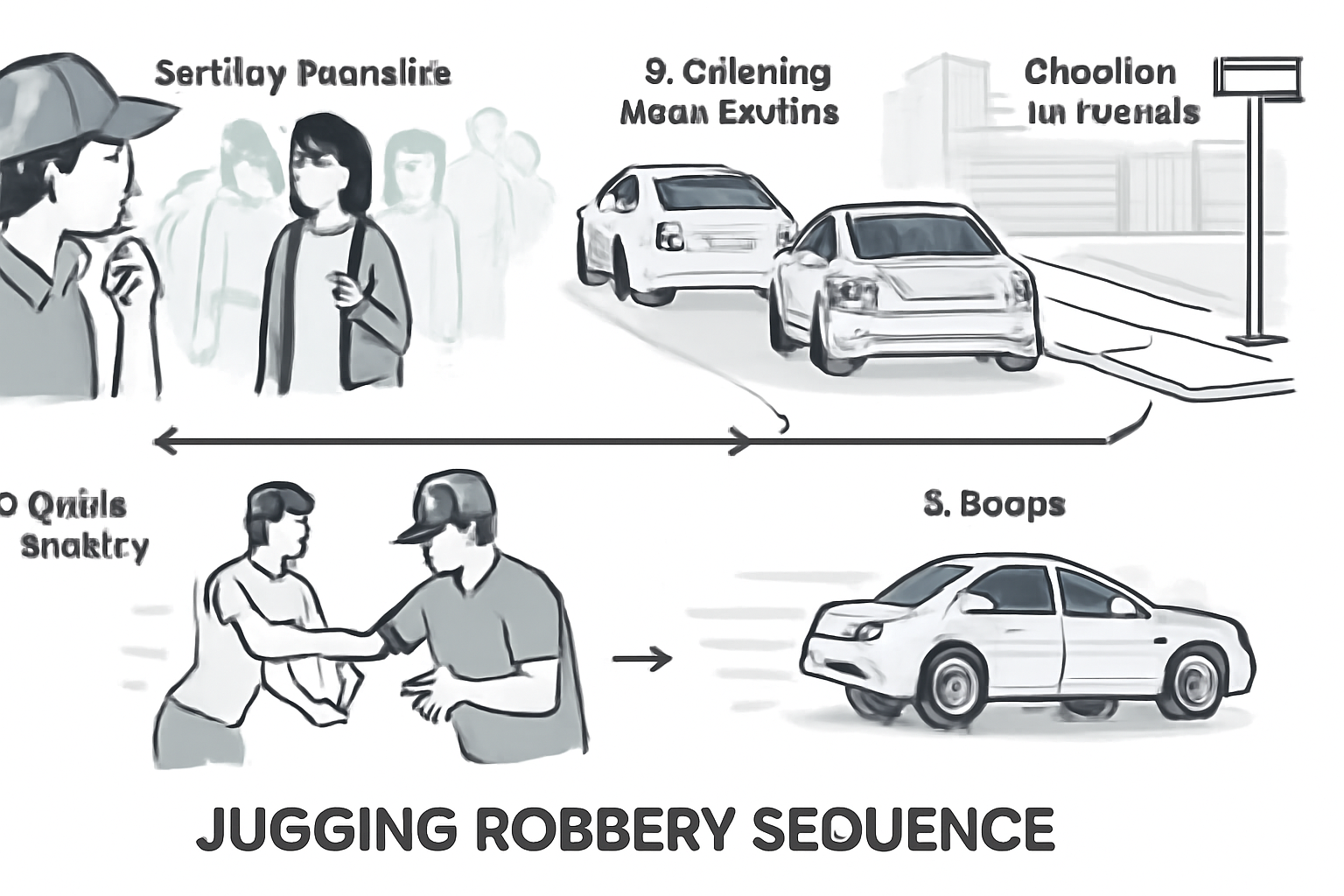 The typical sequence of a jugging robbery from bank surveillance to getaway.