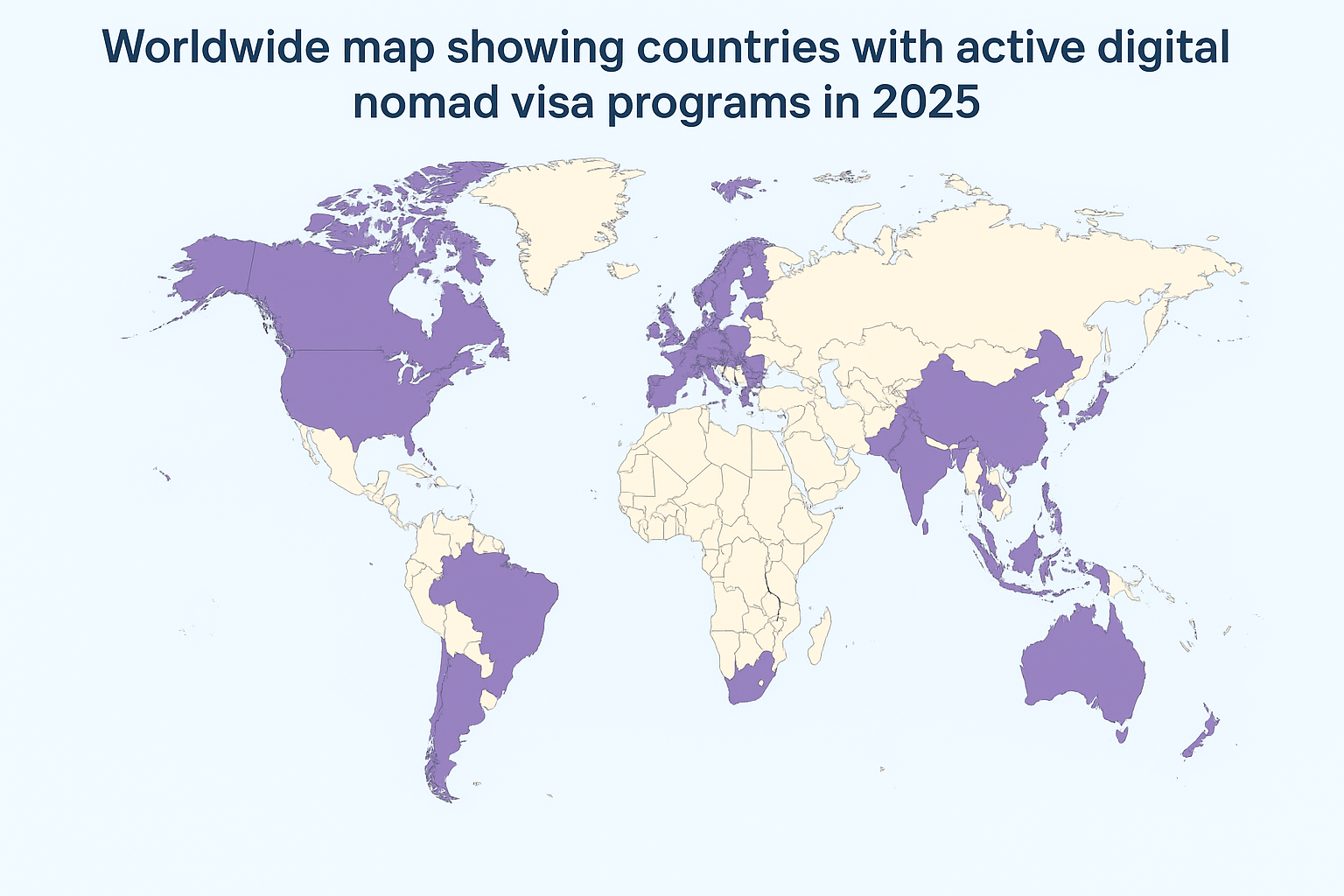 Worldwide map showing countries with active digital nomad visa programs in 2025