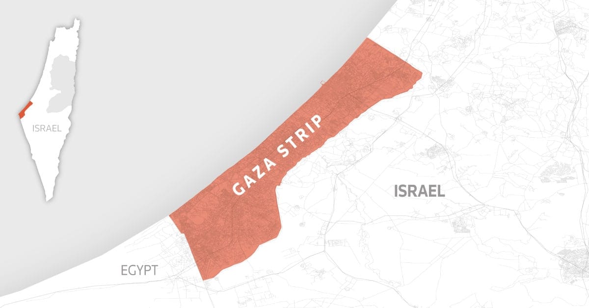 A simplified map showing the Gaza Strip bordered by Israel and Egypt on the Mediterranean coast.