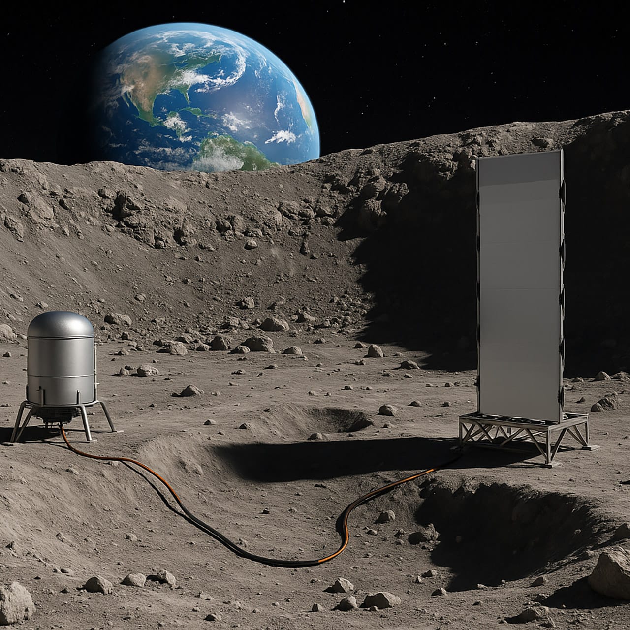 A conceptual image showing a nuclear reactor and power distribution setup on the lunar surface, with Earth visible in the background.