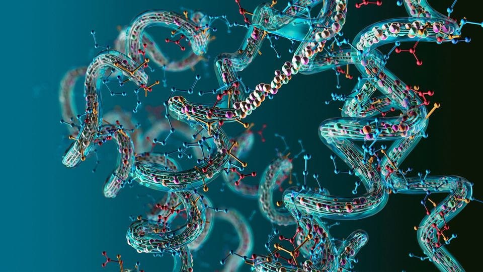 3D molecular visualization of protein structures intertwined with complex atomic bonds in vibrant colors.