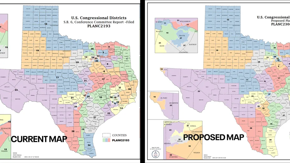 Side-by-side comparison of Texas congressional district maps: current map (PLANC2193) on the left and proposed map (PLANC2300) on the right, showing changes in district boundaries across the state.