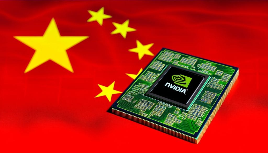 Close-up of Nvidia chip overlaid on the flag of China.