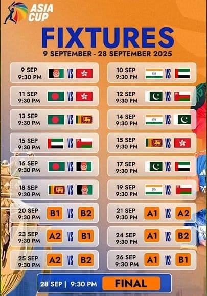 Asia Cup 2025 cricket schedule poster showing fixtures from 9 September to 28 September 2025, including group stage, Super Four, and final matches.
