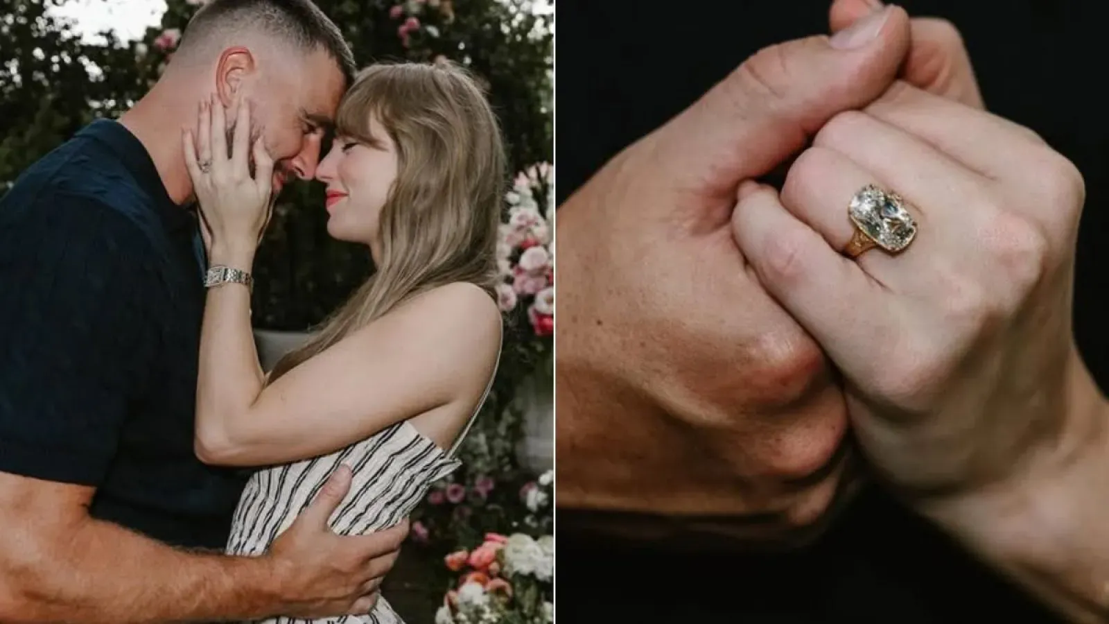 Taylor Swift and her fiancé share a romantic moment, touching foreheads and smiling, surrounded by flowers.