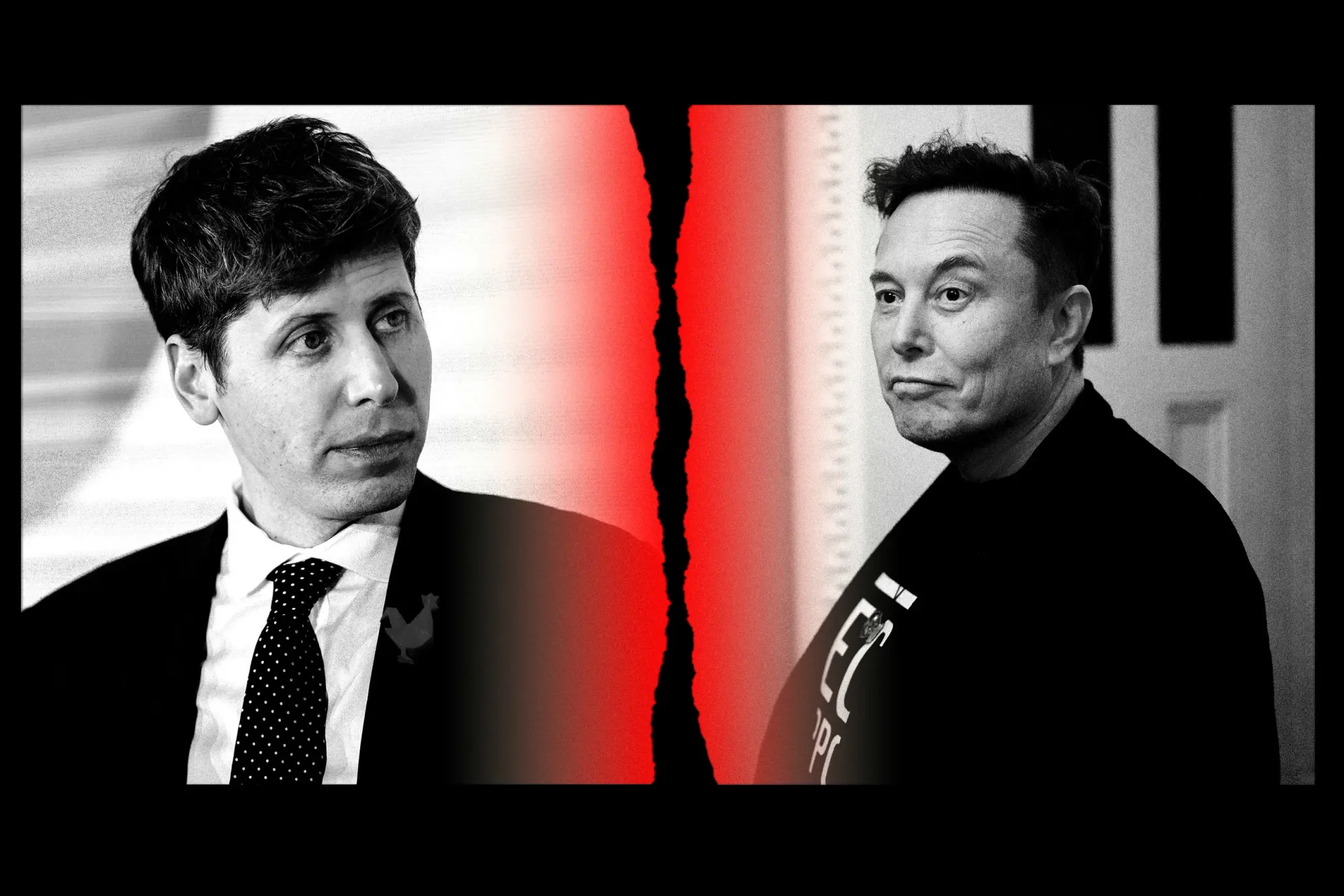 Stylized black-and-white editorial image showing Sam Altman on one side and Elon Musk on the other, separated by a jagged red vertical split.