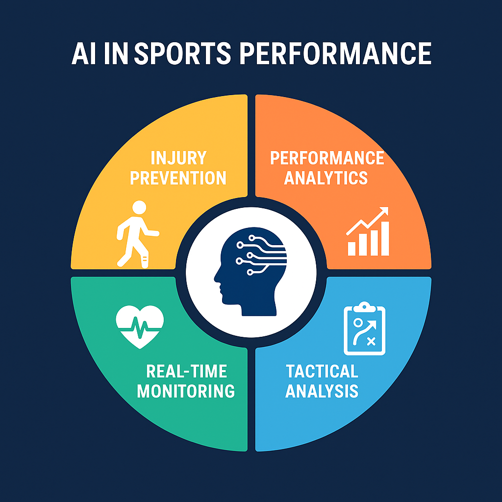Infographic showing AI applications in sports performance including injury prevention, performance analytics, tactical analysis, and real-time monitoring.
