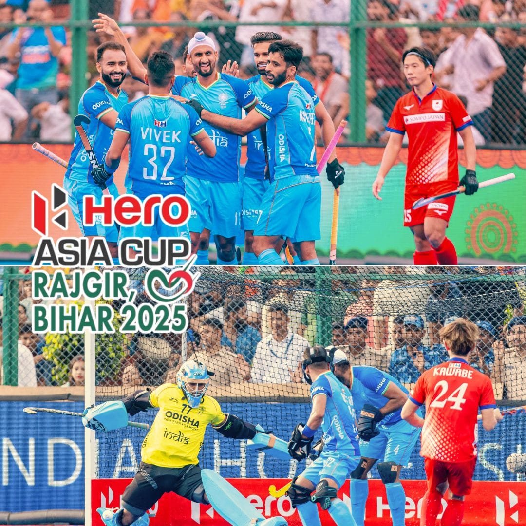 Indian men’s hockey team celebrates a goal against Japan during the Hero Asia Cup 2025 in Rajgir, Bihar. Goalkeeper PR Sreejesh defends the net as Japan presses in attack.