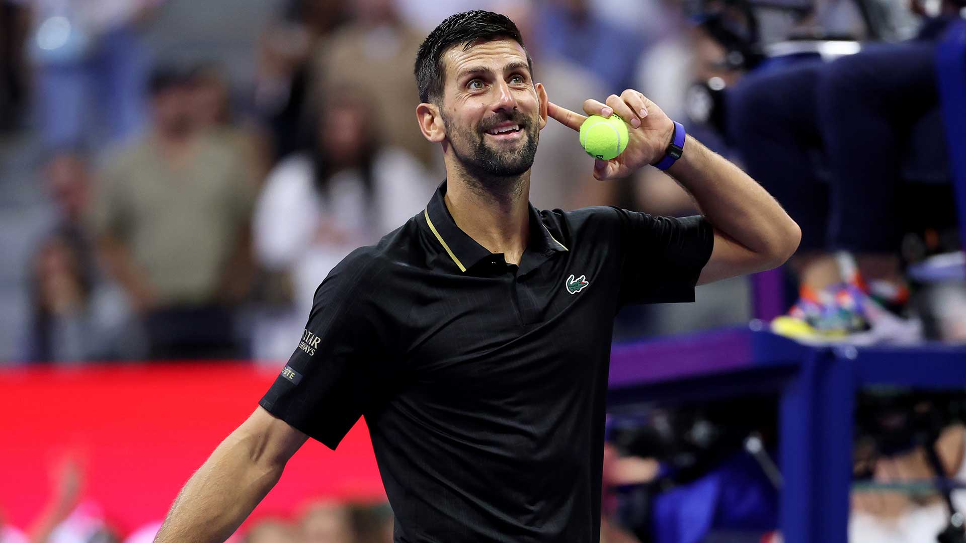 Djokovic’s celebration, captured after he secured his semi-final spot with a hard-fought win over Taylor Fritz.