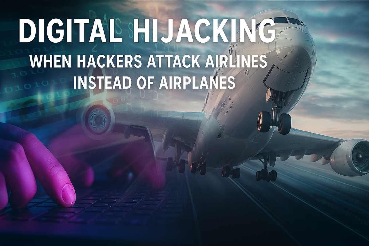 A blended image of a jet taking off alongside computer code and a hacker's hands on a keyboard, symbolizing the rise of airline cyberattacks and digital vulnerabilities in modern aviation.