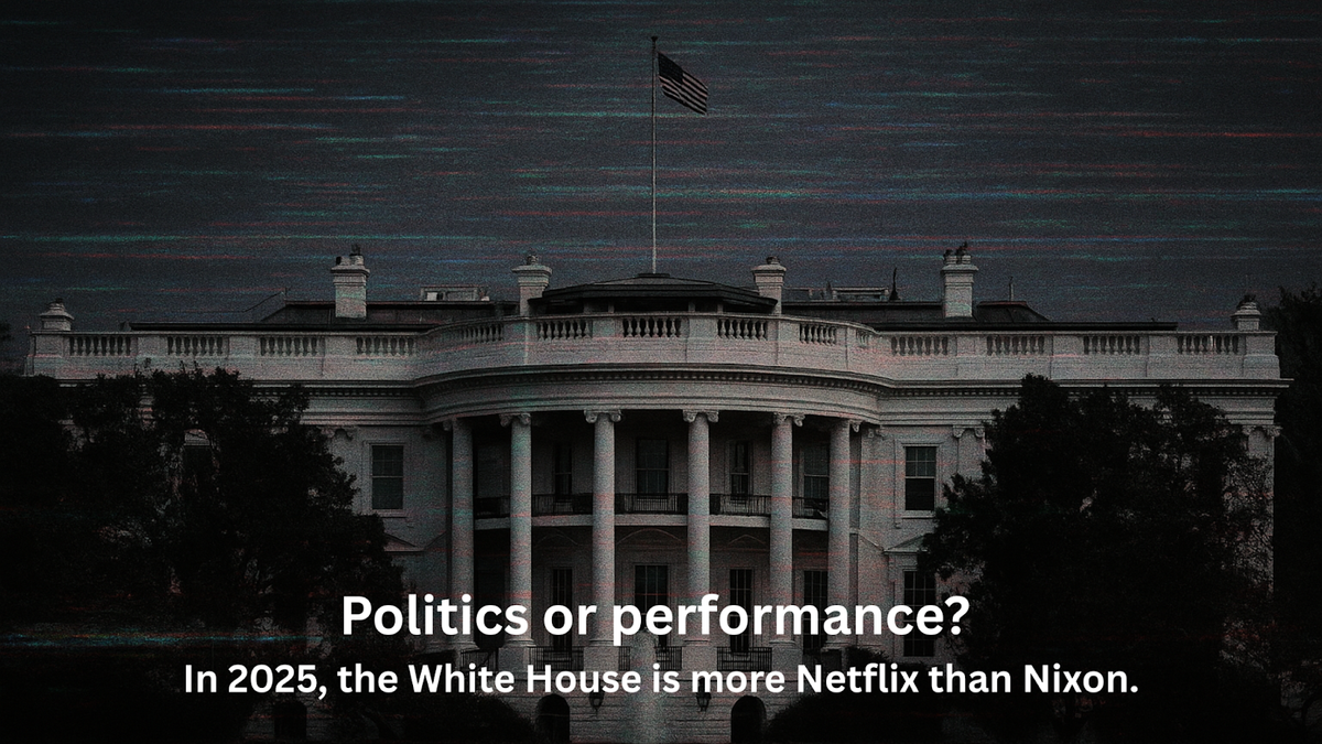 The White House viewed through a digital distortion effect — symbolizing media manipulation in politics.
