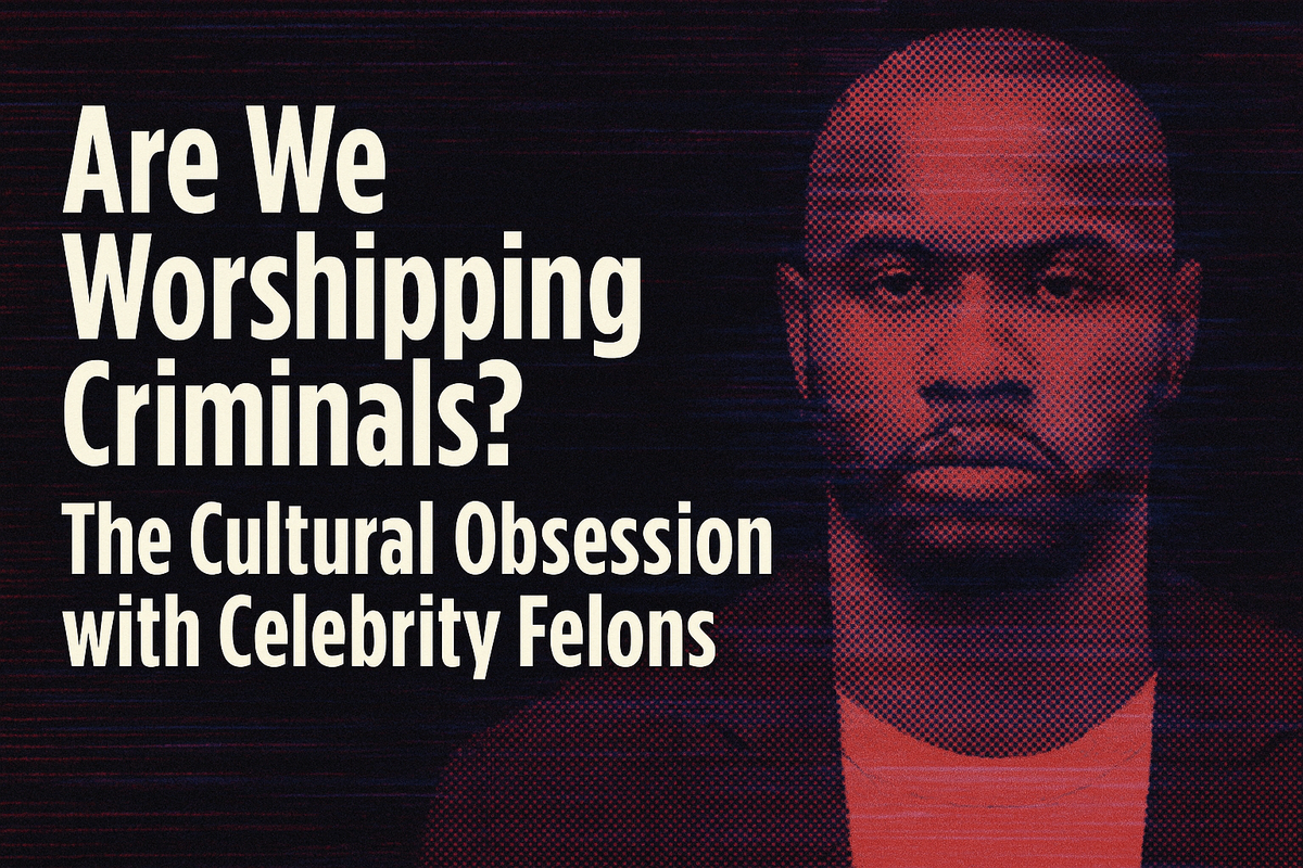 Halftone image of a male celebrity with glitch effects and headline about celebrity felons.