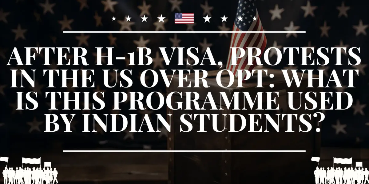 Banner with U.S. flags and silhouettes of protestors demanding protection of the OPT program used by Indian students.