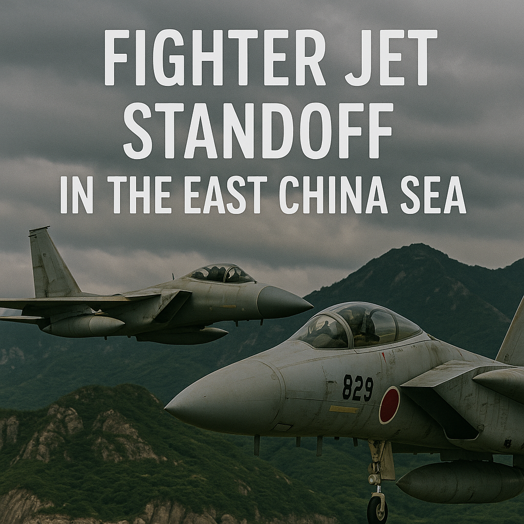 Two military fighter jets—one Japanese, one Chinese—fly in close proximity