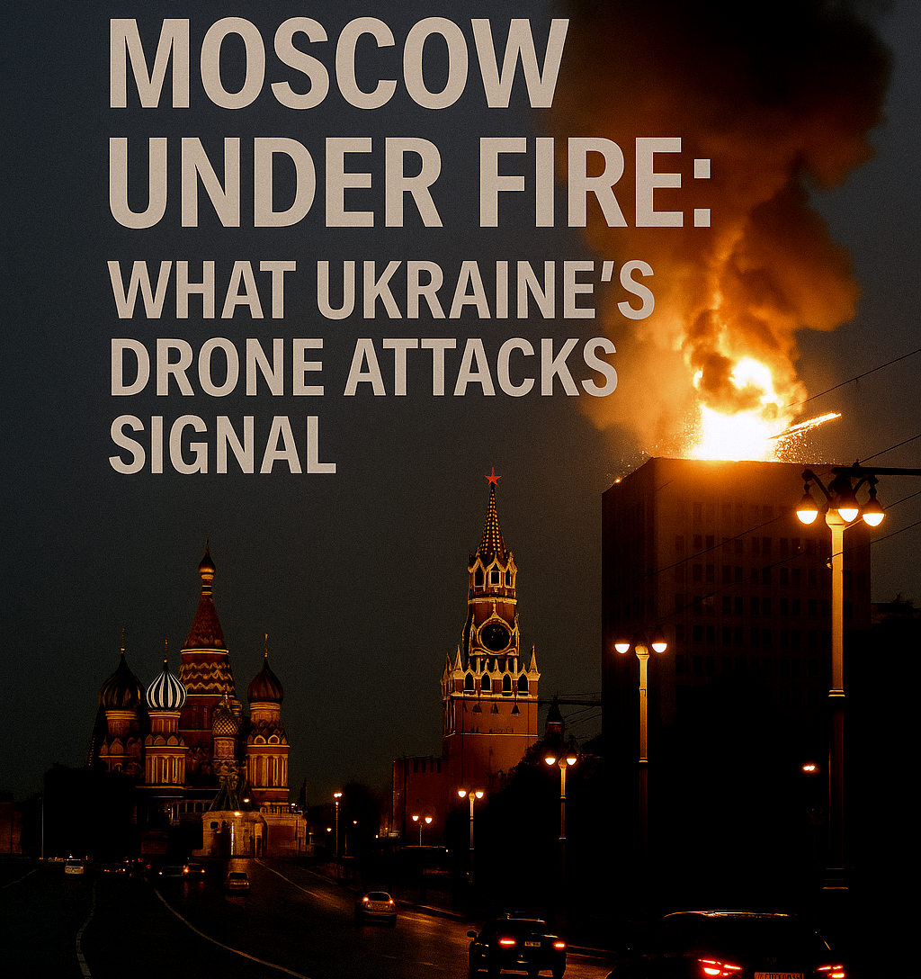 A dramatic view of Moscow at dusk with headline text overlay about Ukraine's drone strikes reaching the Russian capital.