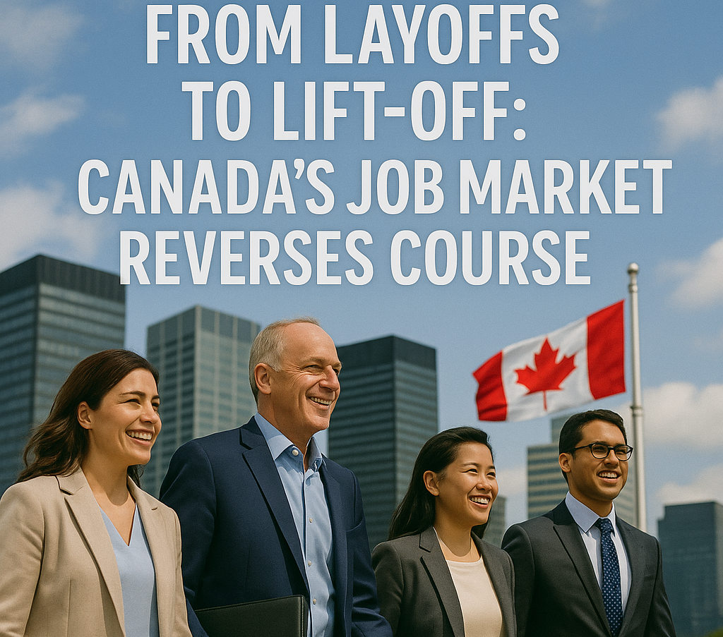 People walk past modern office towers and a waving Canadian flag under blue skies.