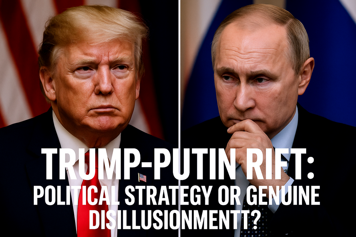 Image shows Donald Trump with a stern expression beside a contemplative Vladimir Putin, each framed by their national flags