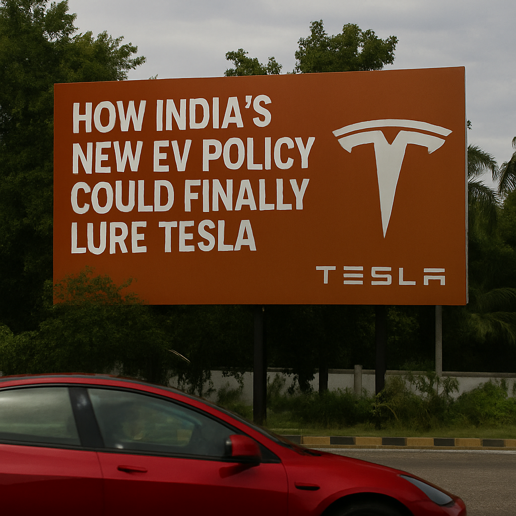 A red Tesla electric car passes by a large roadside billboard displaying Tesla branding, signaling the company's anticipated entry into the Indian market.