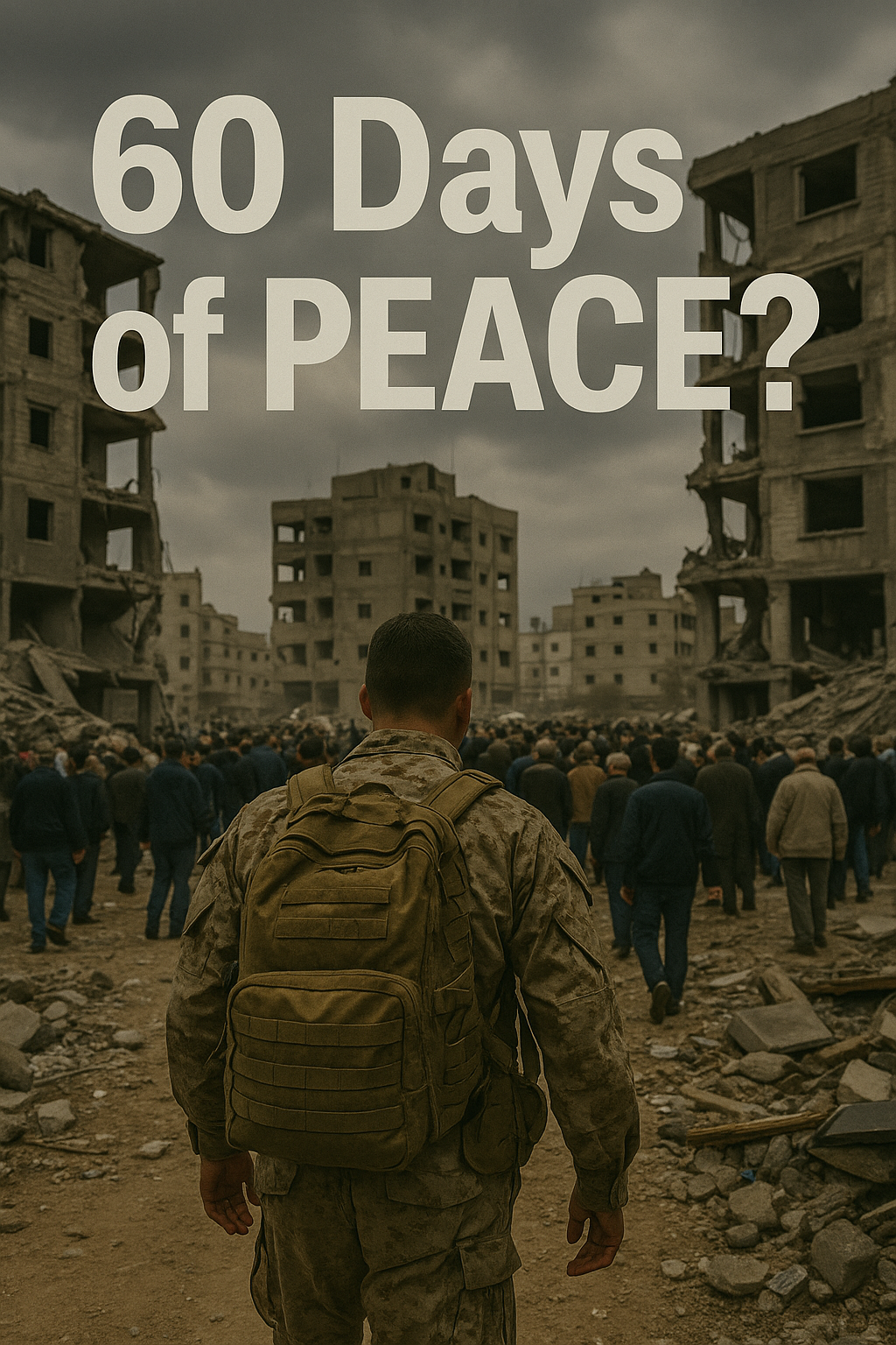 A soldier walks toward a crowd in a bombed-out city as dark clouds loom overhead.
