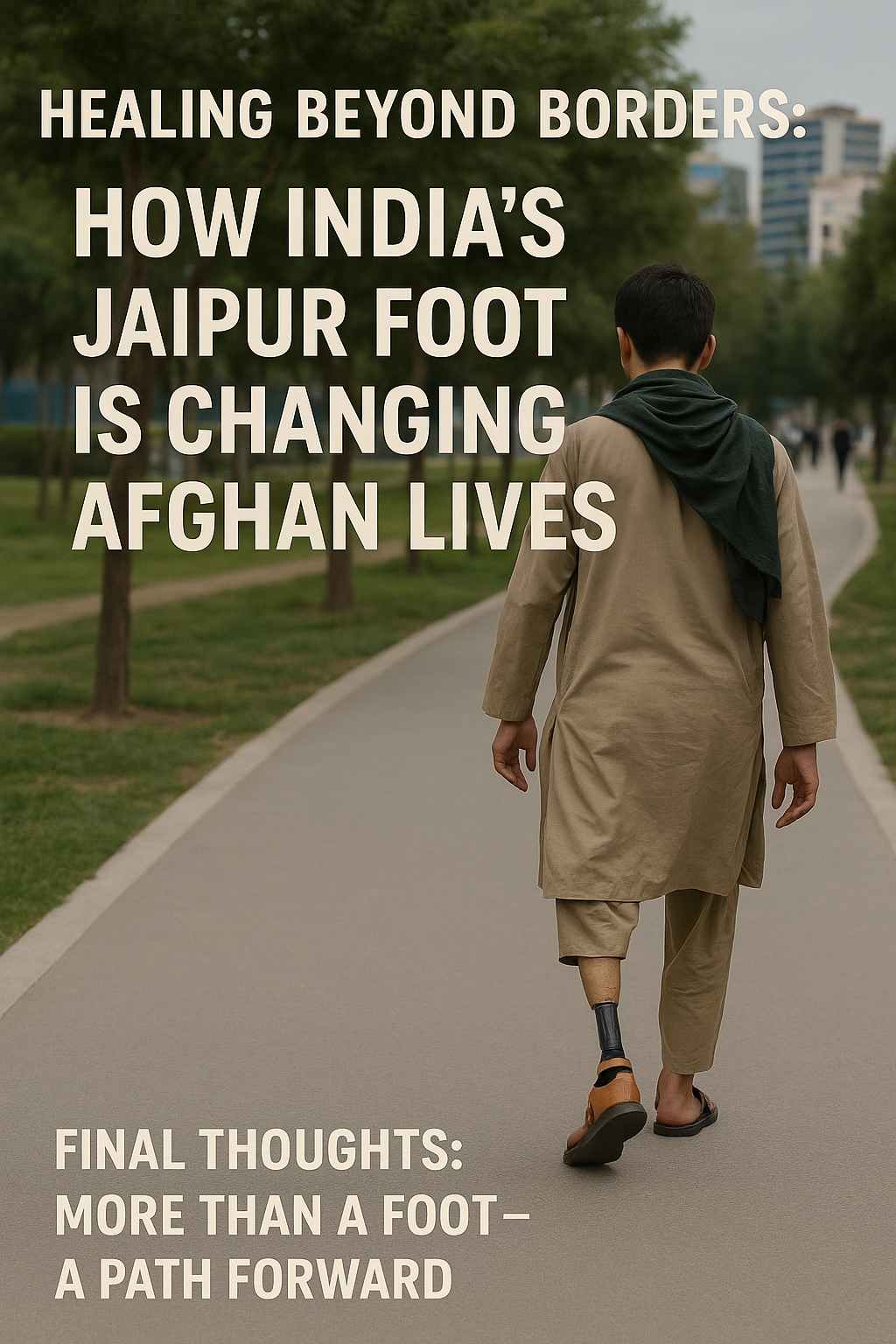 A man with a prosthetic Jaipur Foot walks down a park path, symbolizing hope and rehabilitation; text highlights how India's innovation is helping Afghan lives.