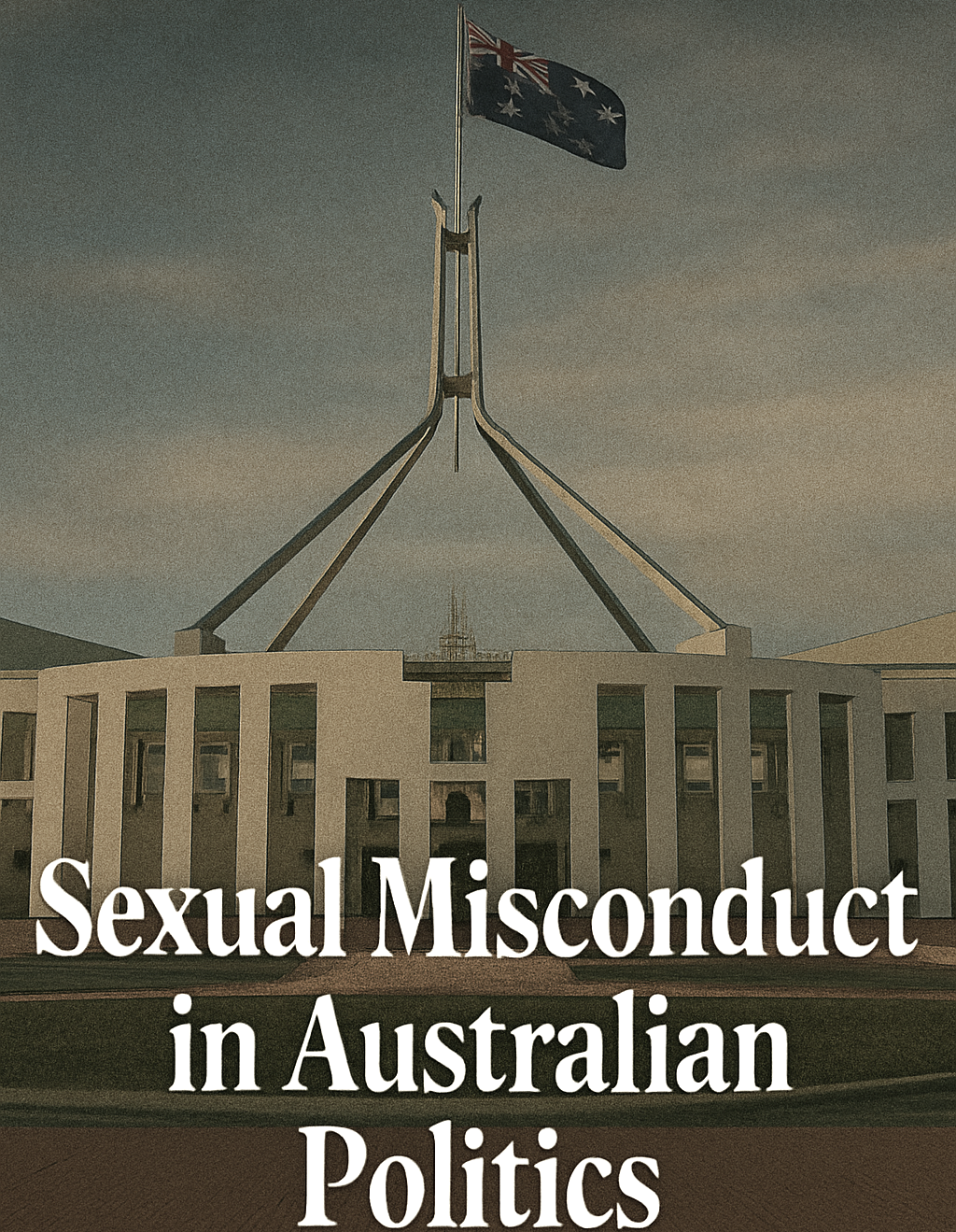 Image of the Australian Parliament House under a twilight sky with the national flag flying above.