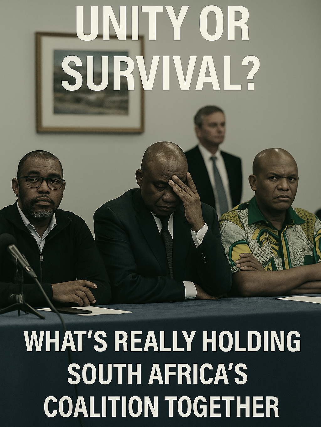 South African political leaders sit at a tense press conference with one covering his face, under the headline "Unity or Survival?"