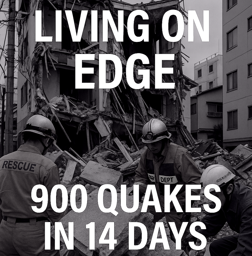 Emergency responders in helmets and uniforms search through rubble of a collapsed building in Japan following a major earthquake swarm.