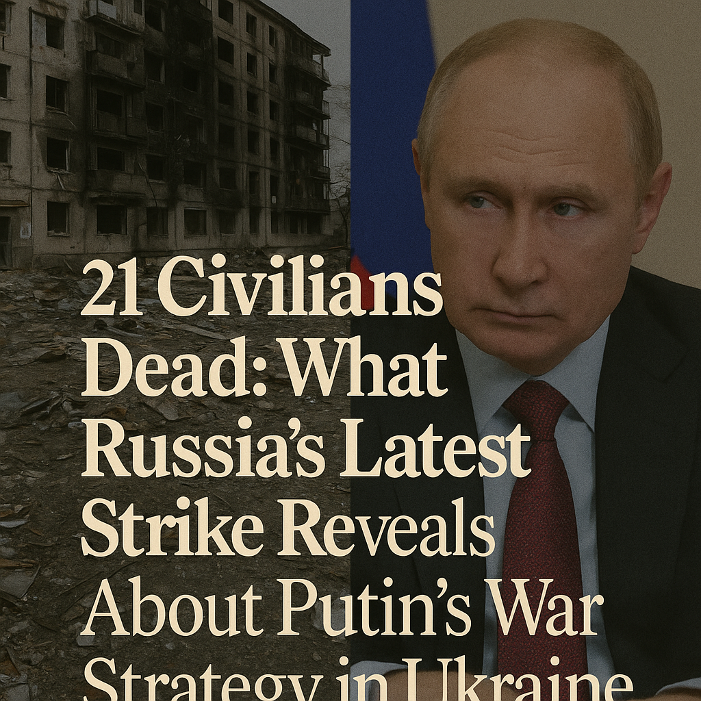 Image showing a bombed residential building in Ukraine with debris scattered across the foreground, and a close-up of Russian President Vladimir Putin against a backdrop of the Russian flag.