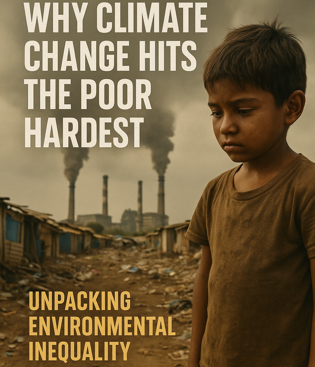 A somber child stands in a polluted slum with factory smoke stacks looming in the background, highlighting the stark impact of environmental degradation on impoverished communities.