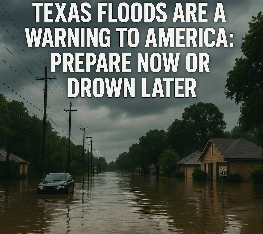 A flooded suburban street in Texas with submerged cars and homes under dark stormy skies, illustrating the impact of climate change on extreme weather events.