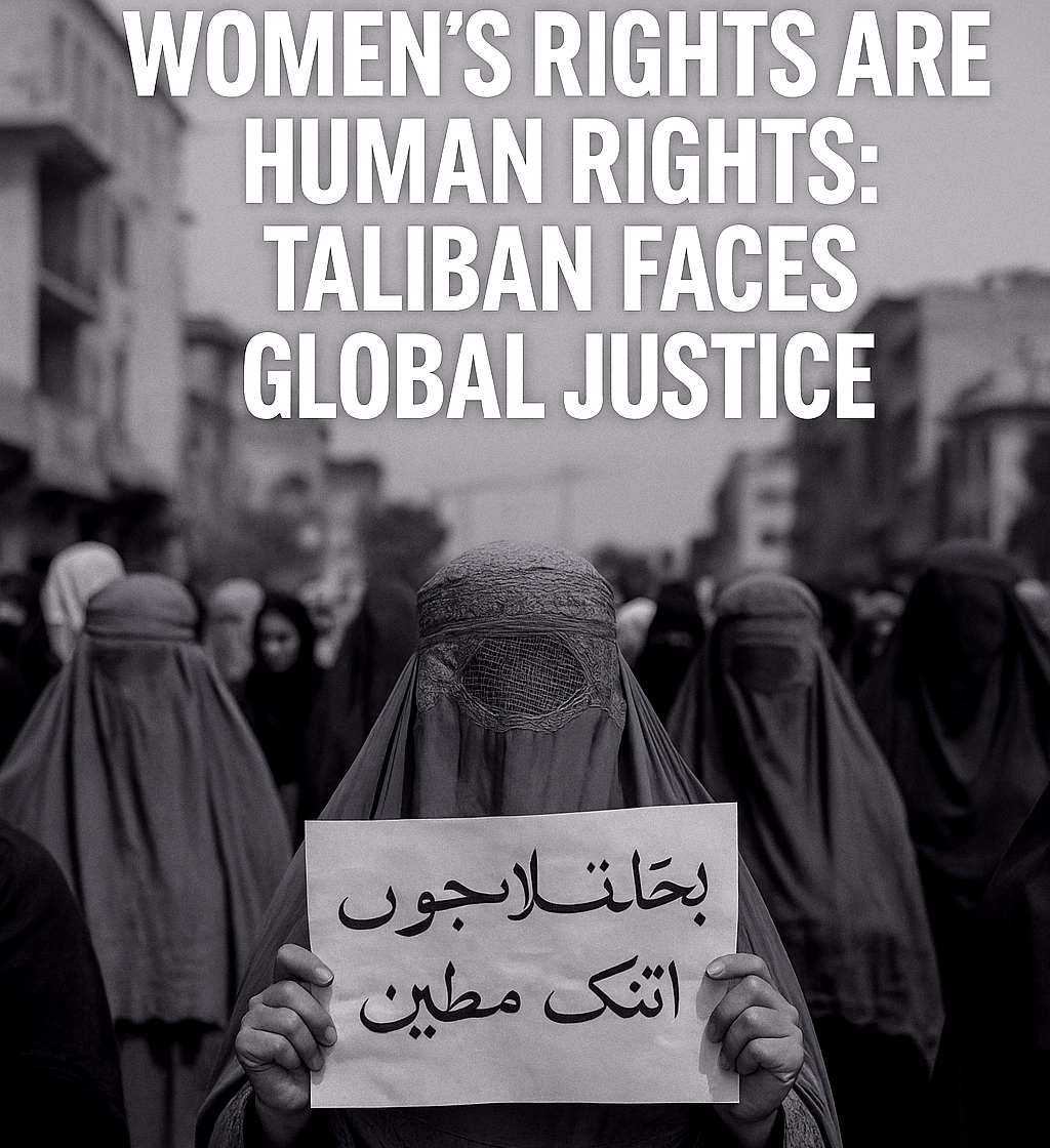 Afghan women in blue and brown burqas march in protest, with one woman holding a sign in Arabic