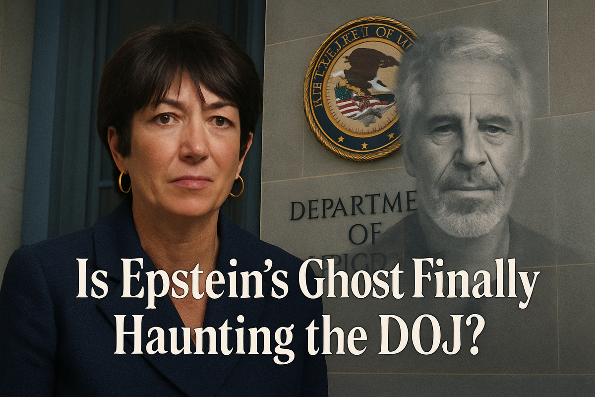 Image featuring Ghislaine Maxwell in front of the U.S. Department of Justice seal, with a ghostly image of Jeffrey Epstein beside her.