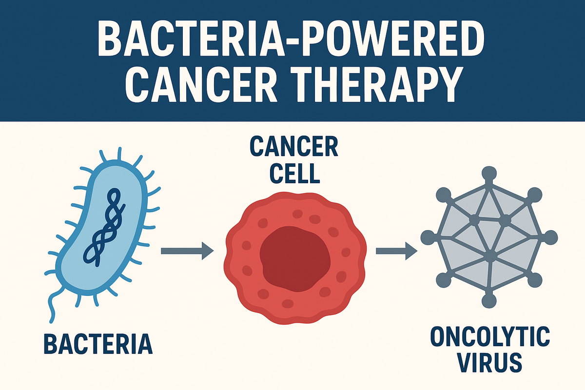 Infographic showing bacteria-powered cancer therapy: bacteria deliver oncolytic viruses into cancer cells to destroy tumors.