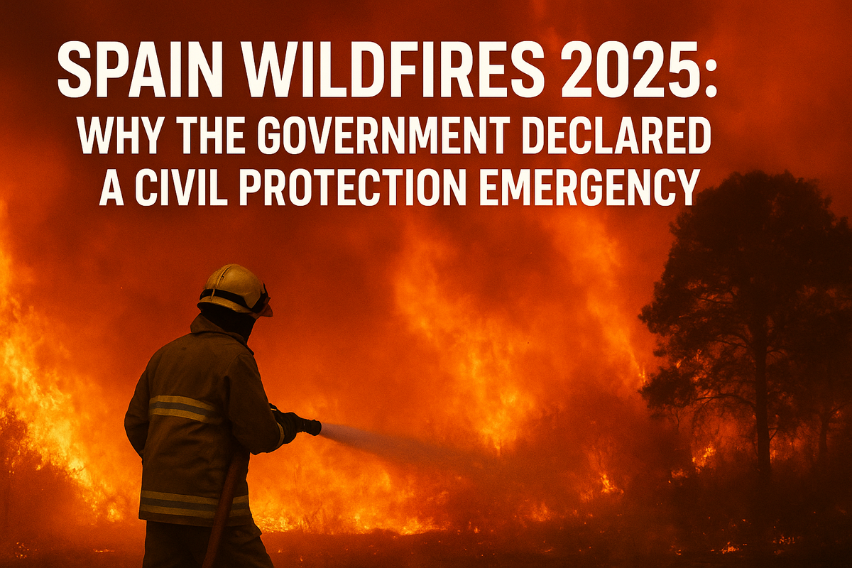 A firefighter sprays water at massive wildfire flames, with bold text reading “Spain Wildfires 2025: Why the Government Declared a Civil Protection Emergency.”