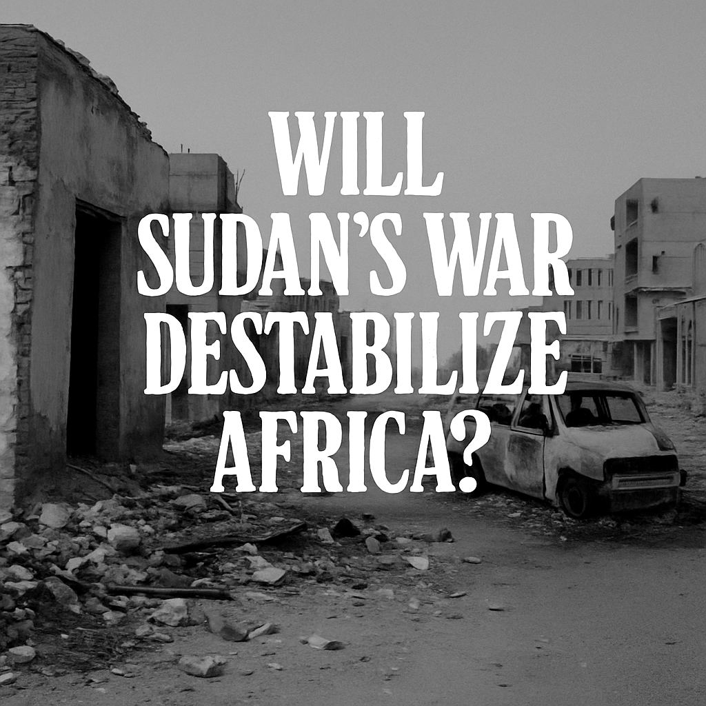War-ravaged Sudanese street with crumbling buildings and a burnt-out car, overlaid with the text "Will Sudan’s War Destabilize Africa?" in bold white typography.