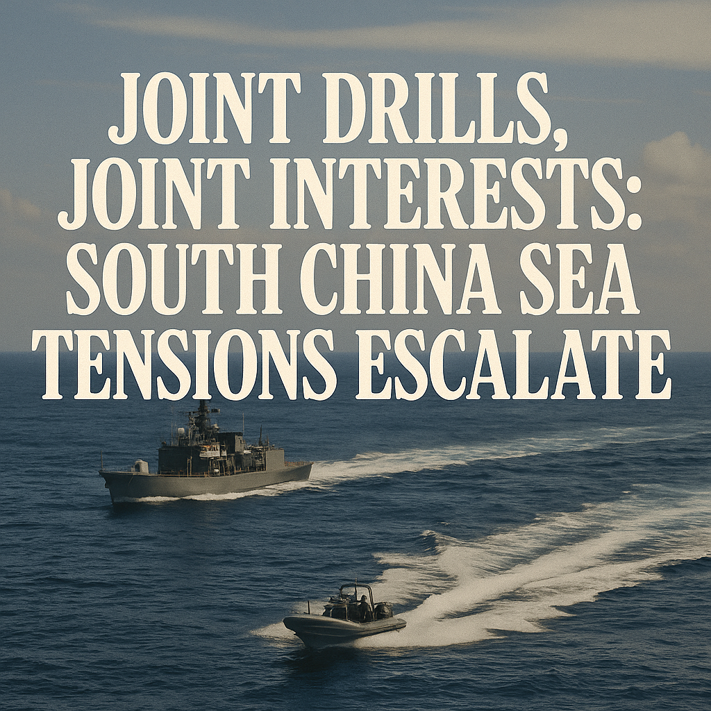 Two military ships and a fast patrol boat maneuver through the South China Sea during joint naval drills.