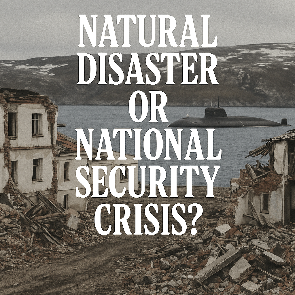 Crumbling buildings and earthquake rubble frame a distant Russian military submarine on calm waters, with the text “Natural Disaster or National Security Crisis?” boldly overlaid in white.
