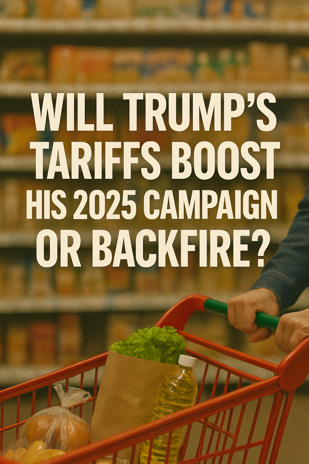 An image of an American grocery store aisle with rising prices and a U.S. flag subtly blended in, symbolizing economic strain from tariff policies.
