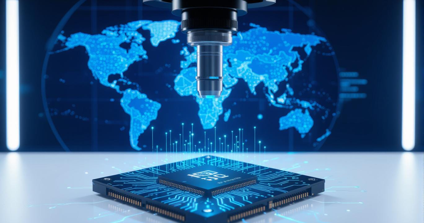 A semiconductor chip under a microscope with a glowing digital world map in the background.