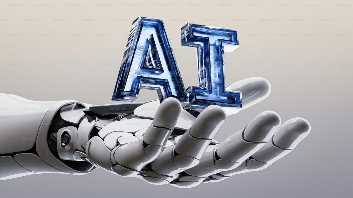 Futuristic robotic hand holding metallic letters 'AI,' symbolizing the integration of artificial intelligence in sports technology.
