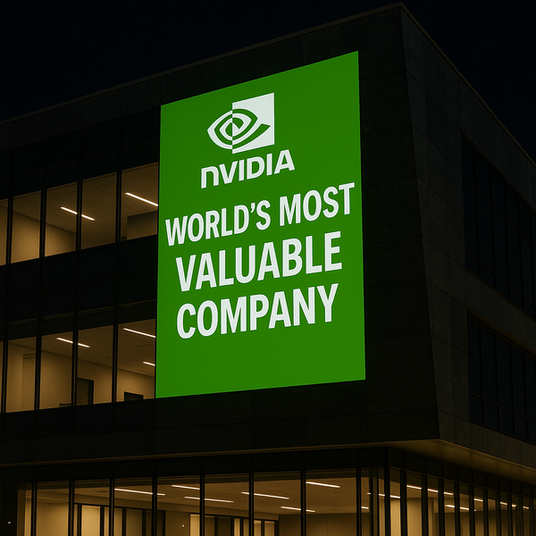 Nighttime view of Nvidia HQ with green digital signage displaying company's market status.