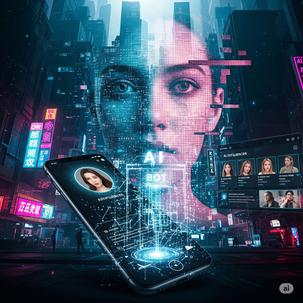 A futuristic cityscape with a fragmented human face overlaid, and a smartphone displaying an AI influencer profile, hinting at the deceptive nature of online personalities.