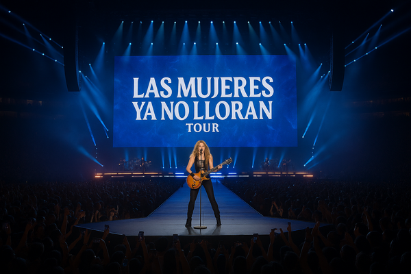 Shakira performing live at Hard Rock Stadium for thousands of fans on her 2025 Las Mujeres Ya No Lloran tour