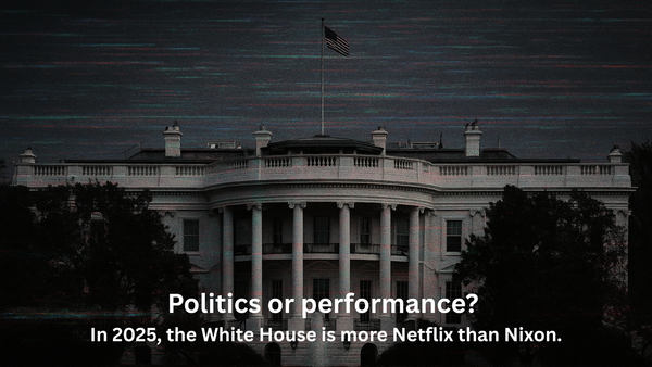 The White House viewed through a digital distortion effect — symbolizing media manipulation in politics.