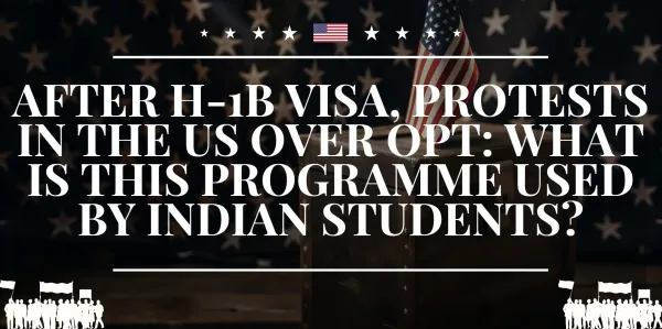 Banner with U.S. flags and silhouettes of protestors demanding protection of the OPT program used by Indian students.
