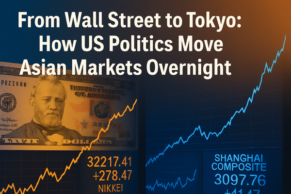Wall Street influence on Asian stock markets like Nikkei and Shanghai Composite with rising trend lines and U.S. dollar imagery.