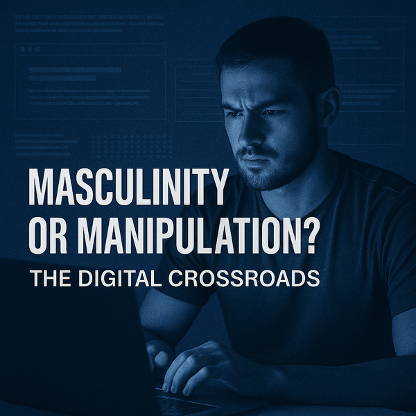 Dark-toned image of a serious man at a laptop with the text “Masculinity or Manipulation? The Digital Crossroads,” evoking themes of online radicalization.