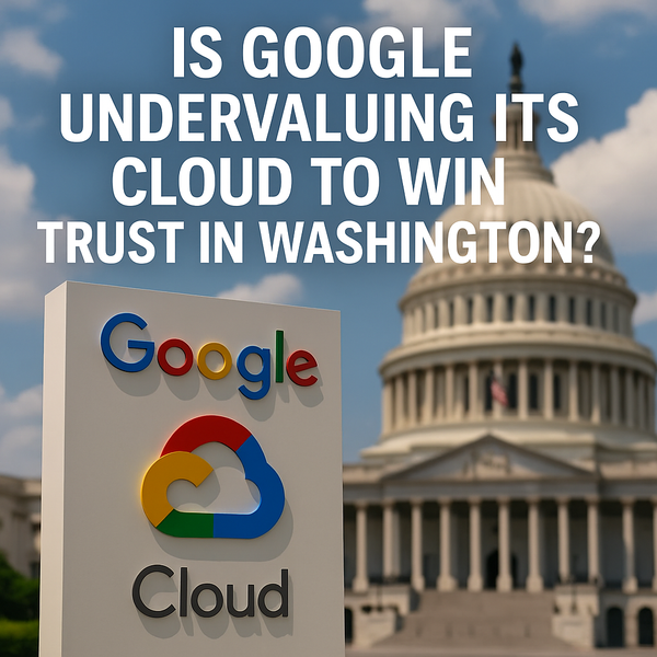 A Google Cloud sign stands prominently in front of the U.S. Capitol building under a partly cloudy sky