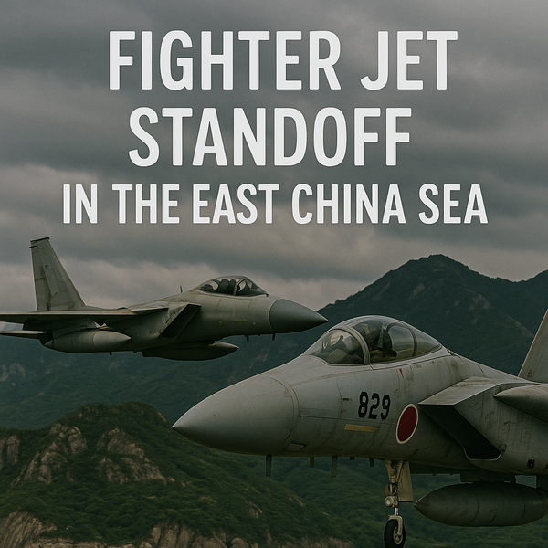 Two military fighter jets—one Japanese, one Chinese—fly in close proximity