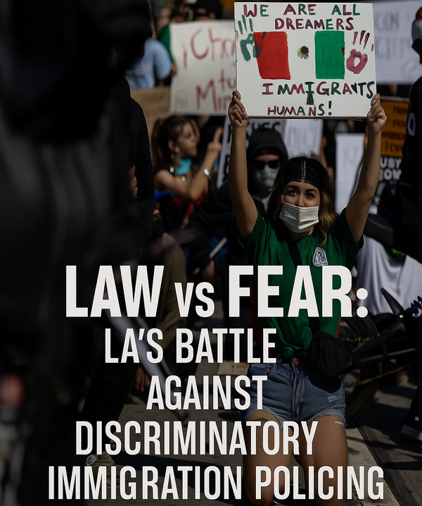 A protester kneels in Los Angeles holding a sign reading “We Are All Dreamers,” symbolizing resistance against discriminatory immigration policies.